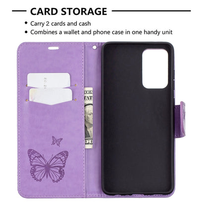 For Samsung Galaxy A72 5G / 4G Embossing Two Butterflies Pattern Horizontal Flip PU Leather Case with Holder & Card Slot & Wallet & Lanyard(Purple) by buy2fix
