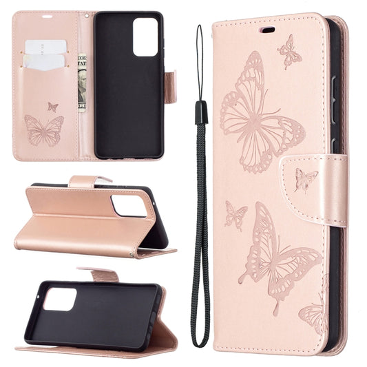 For SamsungGalaxy A72 5G / 4G Embossing Two Butterflies Pattern Horizontal Flip PU Leather Case with Holder & Card Slot & Wallet & Lanyard(Rose Gold) by buy2fix