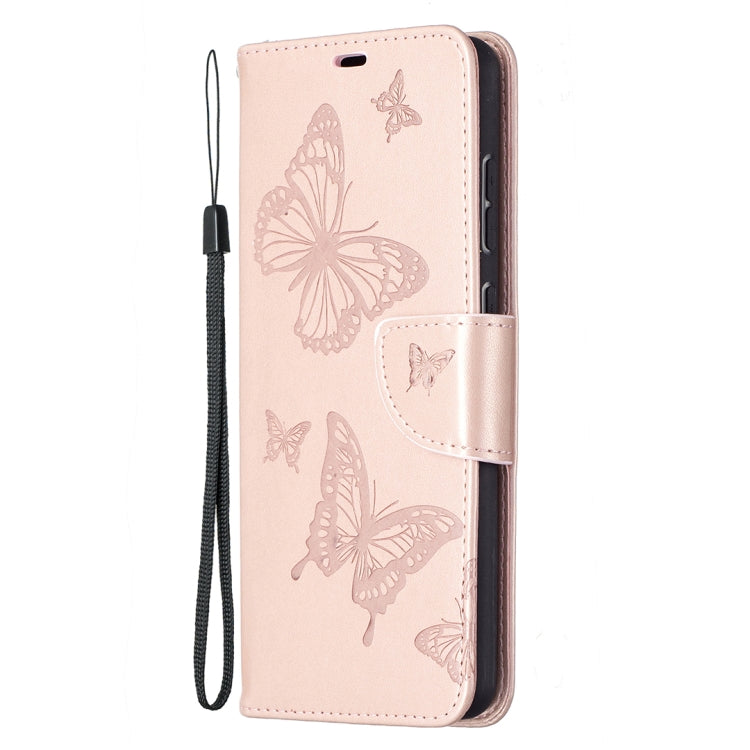 For SamsungGalaxy A72 5G / 4G Embossing Two Butterflies Pattern Horizontal Flip PU Leather Case with Holder & Card Slot & Wallet & Lanyard(Rose Gold) by buy2fix