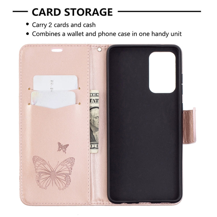 For SamsungGalaxy A72 5G / 4G Embossing Two Butterflies Pattern Horizontal Flip PU Leather Case with Holder & Card Slot & Wallet & Lanyard(Rose Gold) by buy2fix