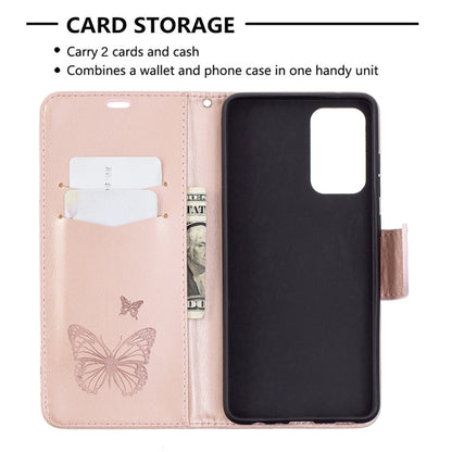 For SamsungGalaxy A72 5G / 4G Embossing Two Butterflies Pattern Horizontal Flip PU Leather Case with Holder & Card Slot & Wallet & Lanyard(Rose Gold) by buy2fix
