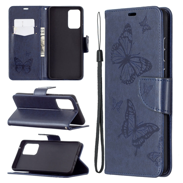 For Samsung Galaxy A72 5G / 4G Embossing Two Butterflies Pattern Horizontal Flip PU Leather Case with Holder & Card Slot & Wallet & Lanyard(Blue) by buy2fix
