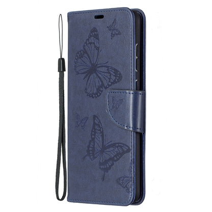 For Samsung Galaxy A72 5G / 4G Embossing Two Butterflies Pattern Horizontal Flip PU Leather Case with Holder & Card Slot & Wallet & Lanyard(Blue) by buy2fix