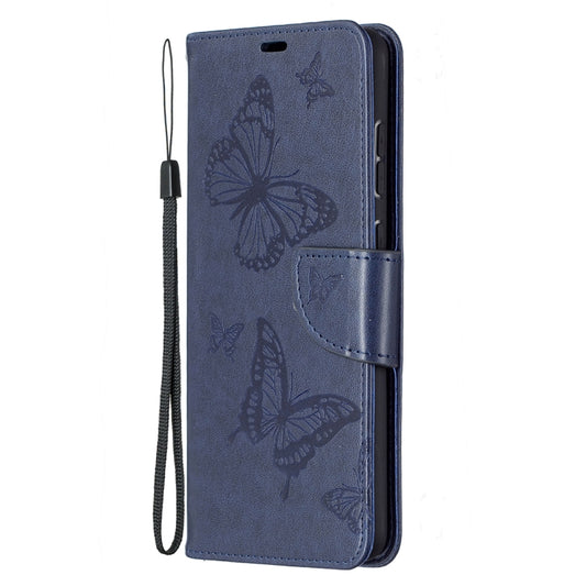 For Samsung Galaxy A72 5G / 4G Embossing Two Butterflies Pattern Horizontal Flip PU Leather Case with Holder & Card Slot & Wallet & Lanyard(Blue) by buy2fix