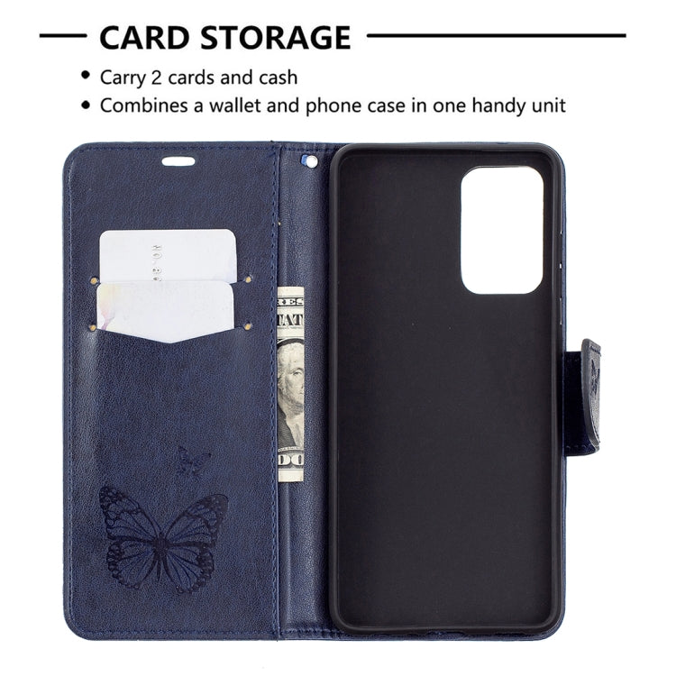 For Samsung Galaxy A72 5G / 4G Embossing Two Butterflies Pattern Horizontal Flip PU Leather Case with Holder & Card Slot & Wallet & Lanyard(Blue) by buy2fix