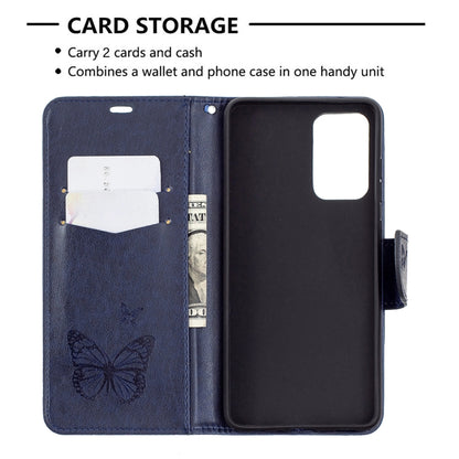 For Samsung Galaxy A72 5G / 4G Embossing Two Butterflies Pattern Horizontal Flip PU Leather Case with Holder & Card Slot & Wallet & Lanyard(Blue) by buy2fix