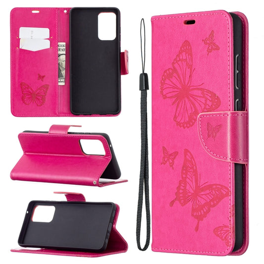 For Samsung Galaxy A72 5G / 4G Embossing Two Butterflies Pattern Horizontal Flip PU Leather Case with Holder & Card Slot & Wallet & Lanyard(Rose Red) by buy2fix