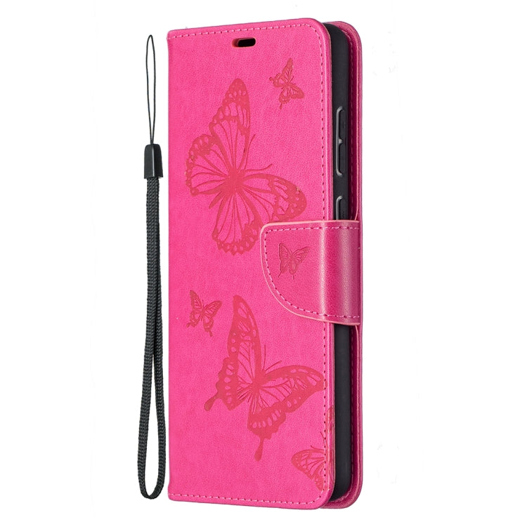 For Samsung Galaxy A72 5G / 4G Embossing Two Butterflies Pattern Horizontal Flip PU Leather Case with Holder & Card Slot & Wallet & Lanyard(Rose Red) by buy2fix