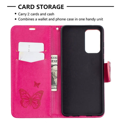 For Samsung Galaxy A72 5G / 4G Embossing Two Butterflies Pattern Horizontal Flip PU Leather Case with Holder & Card Slot & Wallet & Lanyard(Rose Red) by buy2fix