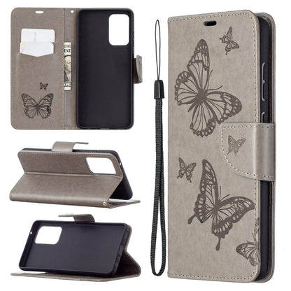 For Samsung Galaxy A72 5G / 4G Embossing Two Butterflies Pattern Horizontal Flip PU Leather Case with Holder & Card Slot & Wallet & Lanyard(Grey) by buy2fix