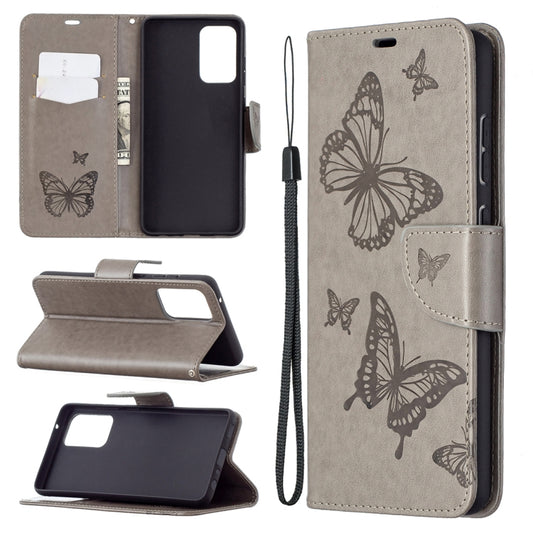 For Samsung Galaxy A72 5G / 4G Embossing Two Butterflies Pattern Horizontal Flip PU Leather Case with Holder & Card Slot & Wallet & Lanyard(Grey) by buy2fix