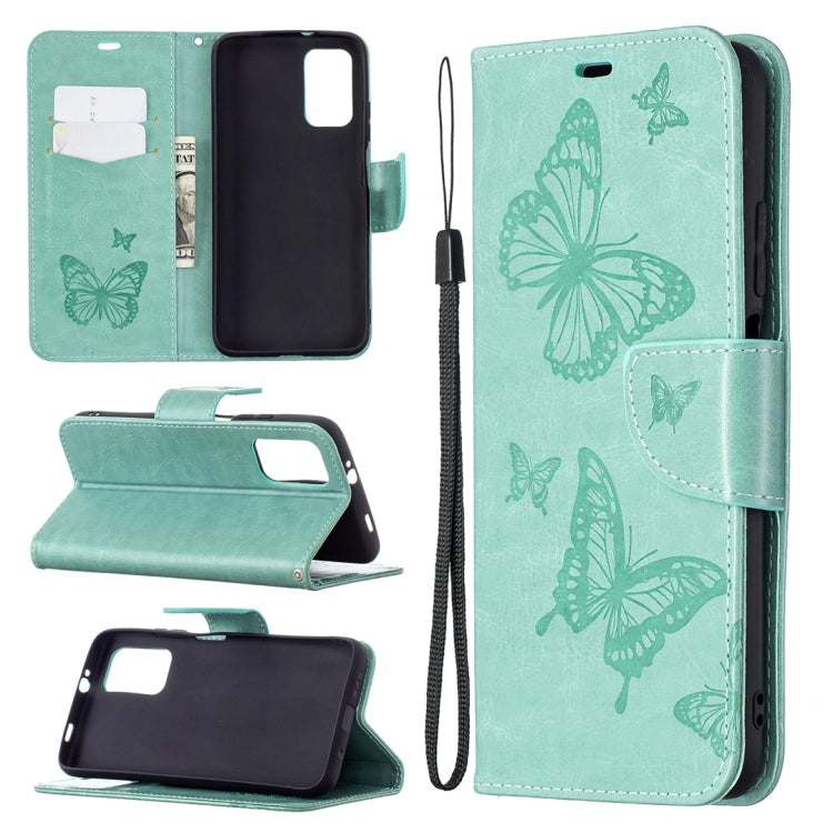 For Xiaomi Poco M3 Embossing Two Butterflies Pattern Horizontal Flip PU Leather Case with Holder & Card Slot & Wallet & Lanyard(Green) - Xiaomi Cases by buy2fix | Online Shopping UK | buy2fix