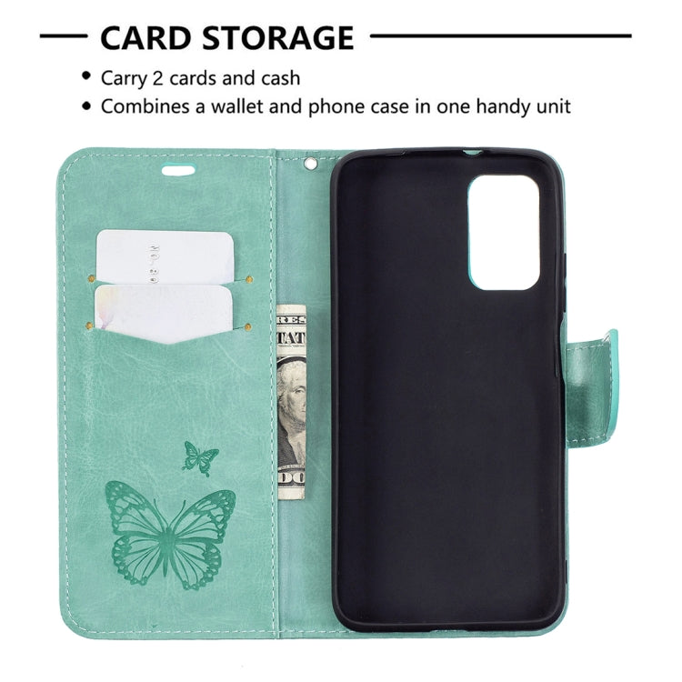 For Xiaomi Poco M3 Embossing Two Butterflies Pattern Horizontal Flip PU Leather Case with Holder & Card Slot & Wallet & Lanyard(Green) - Xiaomi Cases by buy2fix | Online Shopping UK | buy2fix