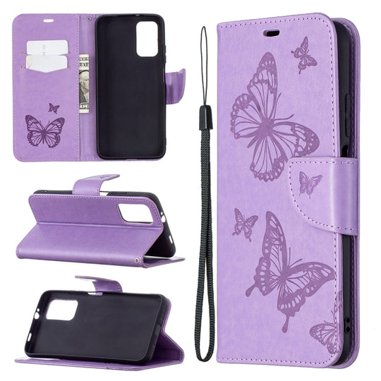For Xiaomi Poco M3 Embossing Two Butterflies Pattern Horizontal Flip PU Leather Case with Holder & Card Slot & Wallet & Lanyard(Purple)