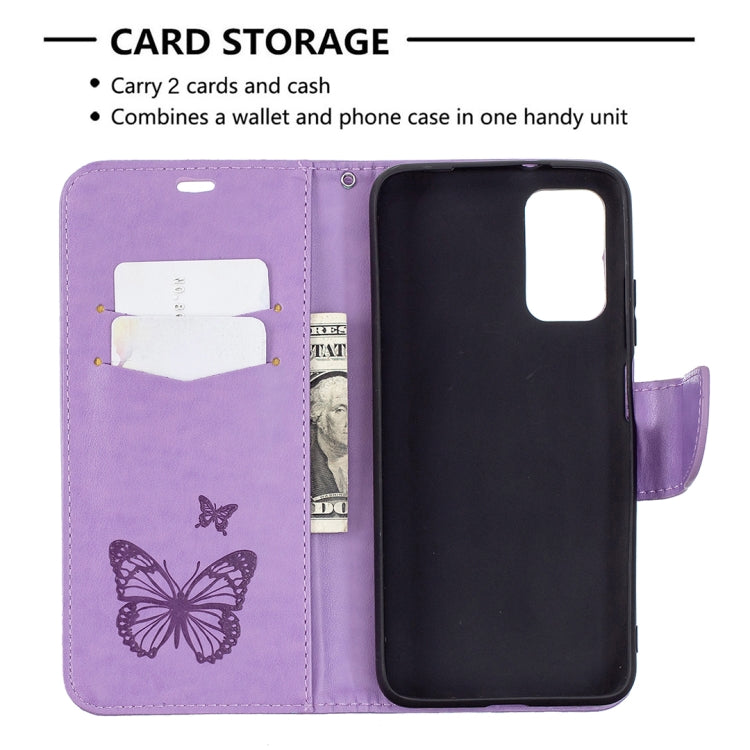 For Xiaomi Poco M3 Embossing Two Butterflies Pattern Horizontal Flip PU Leather Case with Holder & Card Slot & Wallet & Lanyard(Purple) - Xiaomi Cases by buy2fix | Online Shopping UK | buy2fix