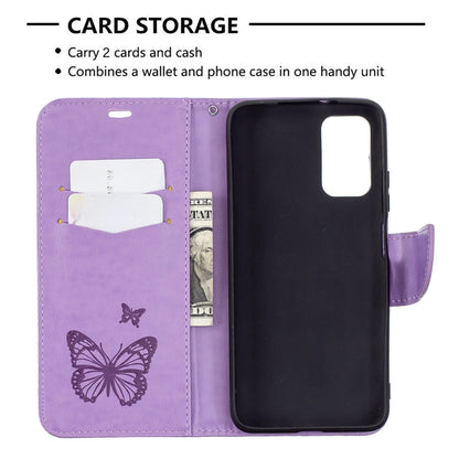 For Xiaomi Poco M3 Embossing Two Butterflies Pattern Horizontal Flip PU Leather Case with Holder & Card Slot & Wallet & Lanyard(Purple) - Xiaomi Cases by buy2fix | Online Shopping UK | buy2fix
