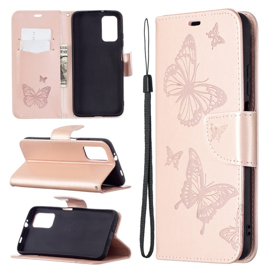 For Xiaomi Poco M3 Embossing Two Butterflies Pattern Horizontal Flip PU Leather Case with Holder & Card Slot & Wallet & Lanyard(Rose Gold) - Xiaomi Cases by buy2fix | Online Shopping UK | buy2fix