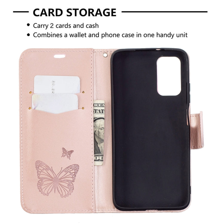 For Xiaomi Poco M3 Embossing Two Butterflies Pattern Horizontal Flip PU Leather Case with Holder & Card Slot & Wallet & Lanyard(Rose Gold) - Xiaomi Cases by buy2fix | Online Shopping UK | buy2fix