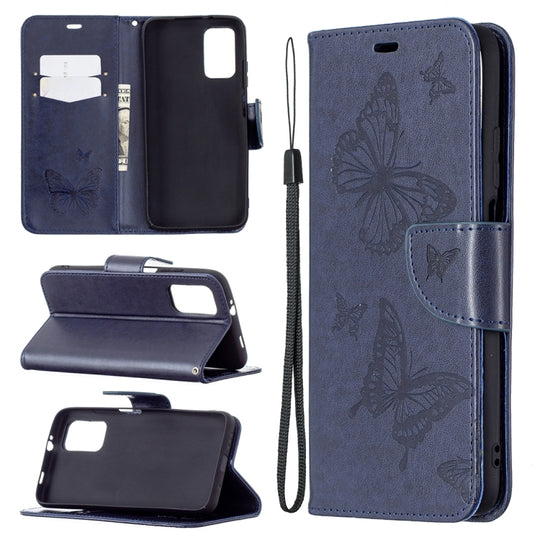 For Xiaomi Poco M3 Embossing Two Butterflies Pattern Horizontal Flip PU Leather Case with Holder & Card Slot & Wallet & Lanyard(Blue)