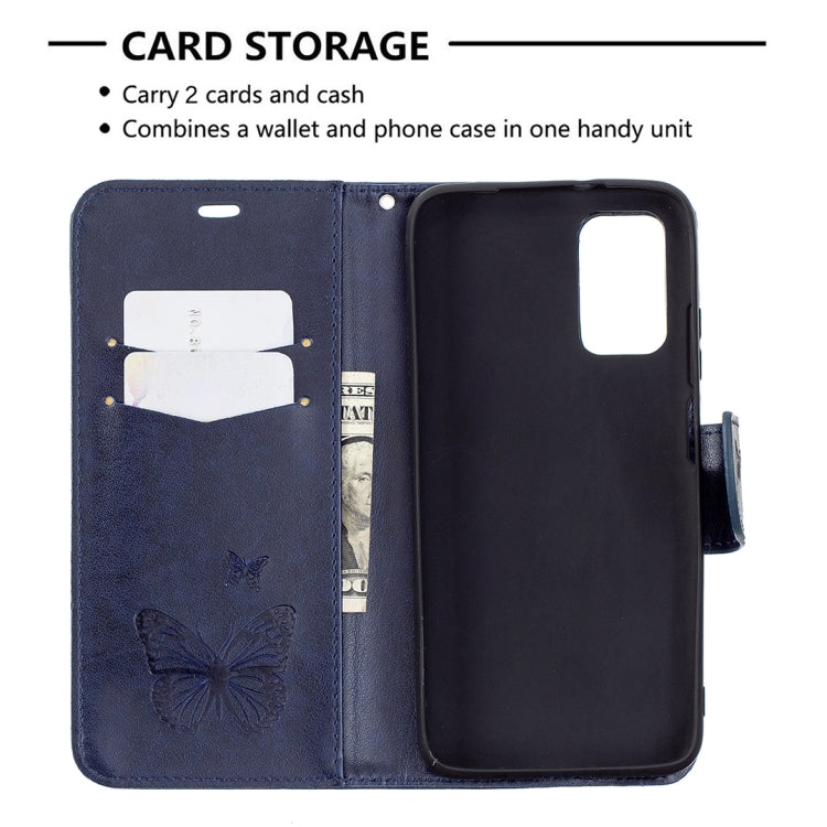 For Xiaomi Poco M3 Embossing Two Butterflies Pattern Horizontal Flip PU Leather Case with Holder & Card Slot & Wallet & Lanyard(Blue) - Xiaomi Cases by buy2fix | Online Shopping UK | buy2fix