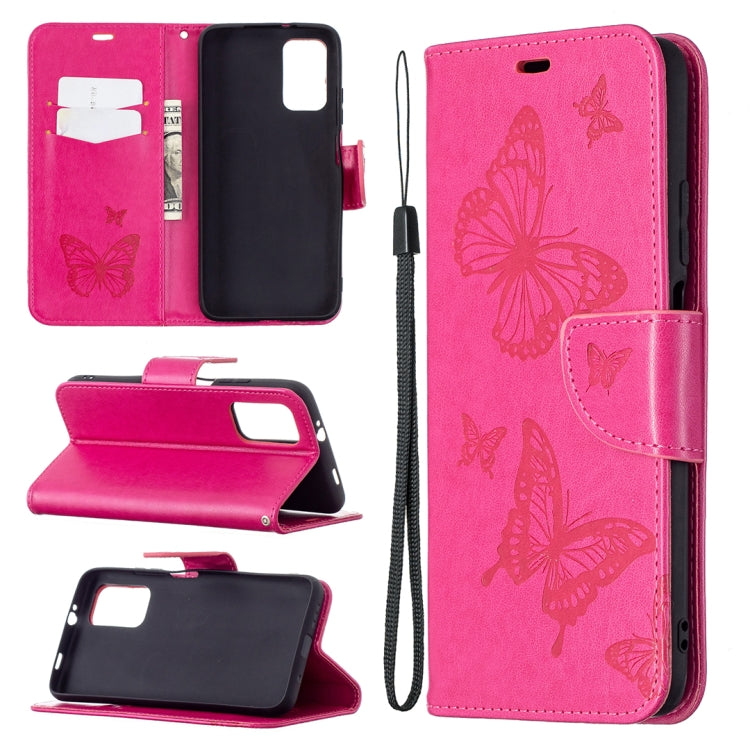 For Xiaomi Poco M3 Embossing Two Butterflies Pattern Horizontal Flip PU Leather Case with Holder & Card Slot & Wallet & Lanyard(Rose Red) - Xiaomi Cases by buy2fix | Online Shopping UK | buy2fix