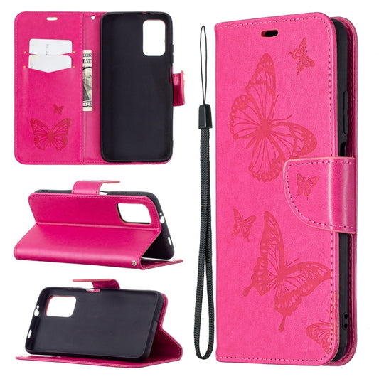 For Xiaomi Poco M3 Embossing Two Butterflies Pattern Horizontal Flip PU Leather Case with Holder & Card Slot & Wallet & Lanyard(Rose Red) - Xiaomi Cases by buy2fix | Online Shopping UK | buy2fix