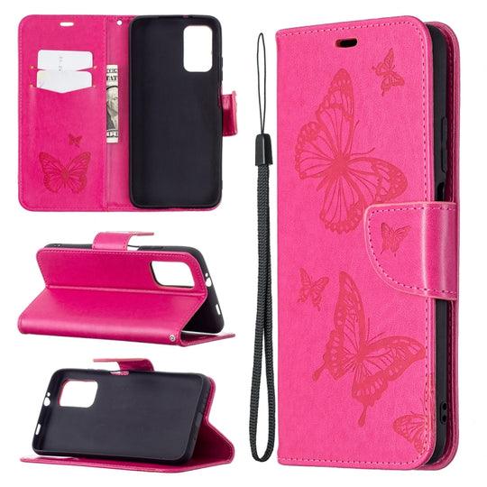 For Xiaomi Poco M3 Embossing Two Butterflies Pattern Horizontal Flip PU Leather Case with Holder & Card Slot & Wallet & Lanyard(Rose Red)