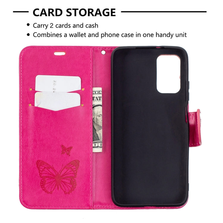 For Xiaomi Poco M3 Embossing Two Butterflies Pattern Horizontal Flip PU Leather Case with Holder & Card Slot & Wallet & Lanyard(Rose Red) - Xiaomi Cases by buy2fix | Online Shopping UK | buy2fix