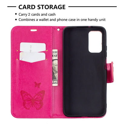 For Xiaomi Poco M3 Embossing Two Butterflies Pattern Horizontal Flip PU Leather Case with Holder & Card Slot & Wallet & Lanyard(Rose Red) - Xiaomi Cases by buy2fix | Online Shopping UK | buy2fix