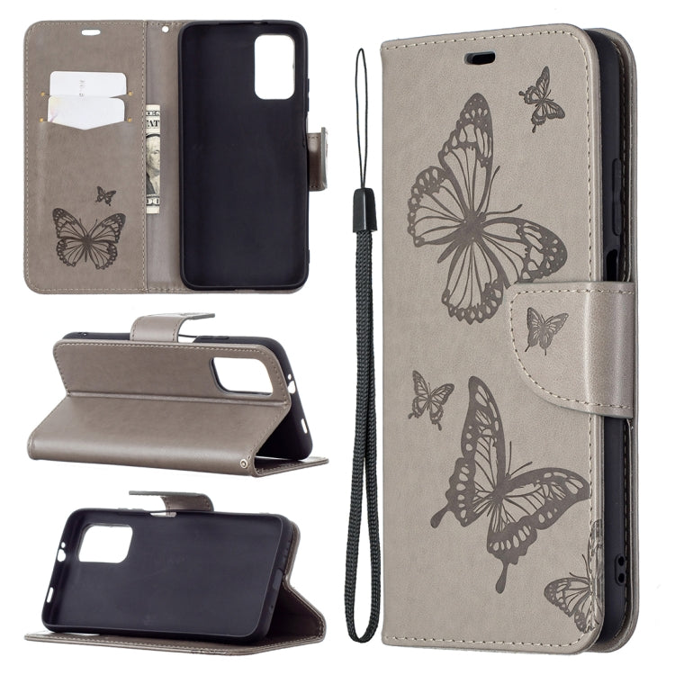 For Xiaomi Poco M3 Embossing Two Butterflies Pattern Horizontal Flip PU Leather Case with Holder & Card Slot & Wallet & Lanyard(Grey) - Xiaomi Cases by buy2fix | Online Shopping UK | buy2fix