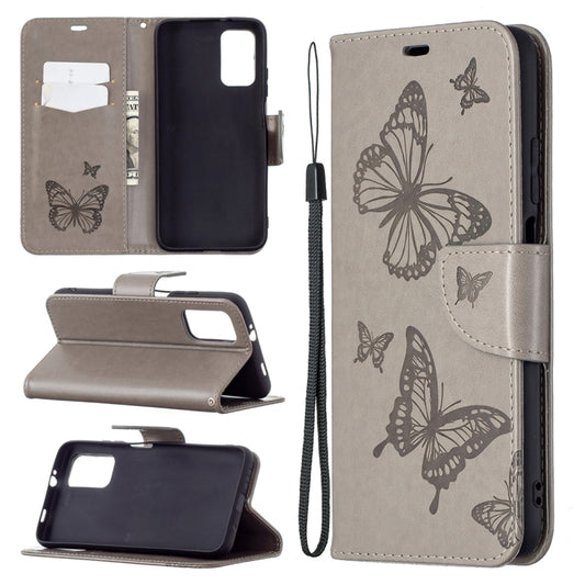 For Xiaomi Poco M3 Embossing Two Butterflies Pattern Horizontal Flip PU Leather Case with Holder & Card Slot & Wallet & Lanyard(Grey) - Xiaomi Cases by buy2fix | Online Shopping UK | buy2fix