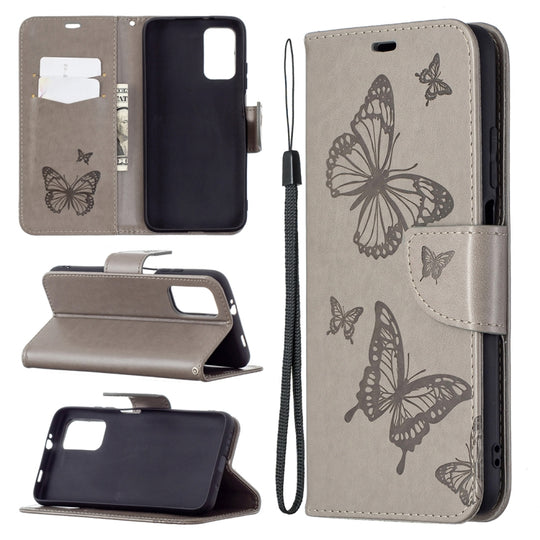 For Xiaomi Poco M3 Embossing Two Butterflies Pattern Horizontal Flip PU Leather Case with Holder & Card Slot & Wallet & Lanyard(Grey)