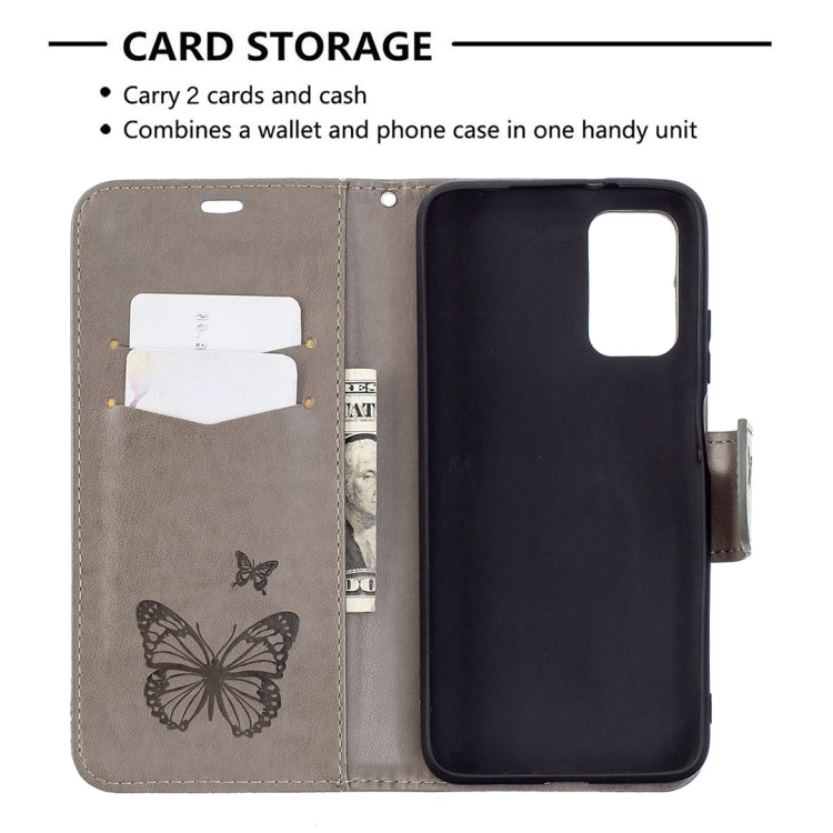 For Xiaomi Poco M3 Embossing Two Butterflies Pattern Horizontal Flip PU Leather Case with Holder & Card Slot & Wallet & Lanyard(Grey) - Xiaomi Cases by buy2fix | Online Shopping UK | buy2fix