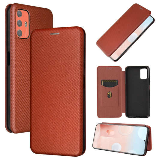 For HTC Desire 21 Pro Carbon Fiber Texture Horizontal Flip TPU + PC + PU Leather Case with Card Slot(Brown)