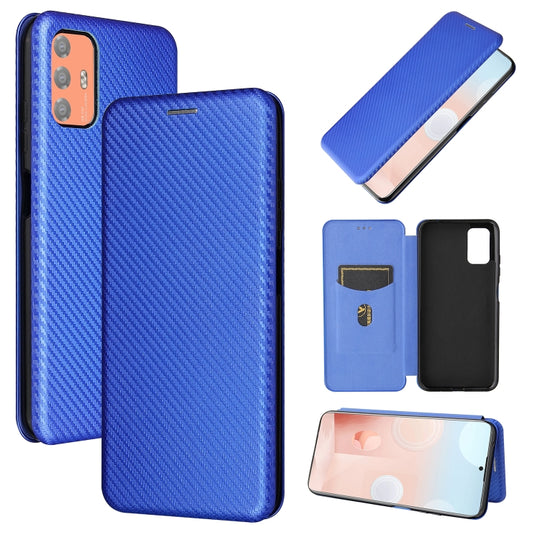 For HTC Desire 21 Pro Carbon Fiber Texture Horizontal Flip TPU + PC + PU Leather Case with Card Slot(Blue)