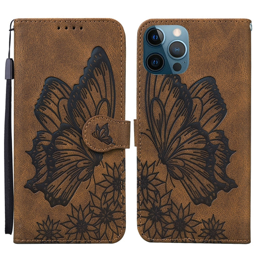 For iPhone 12 Pro Max Retro Skin Feel Butterflies Embossing Horizontal Flip Leather Case with Holder & Card Slots & Wallet(Brown) - iPhone 12 Pro Max Cases by buy2fix | Online Shopping UK | buy2fix