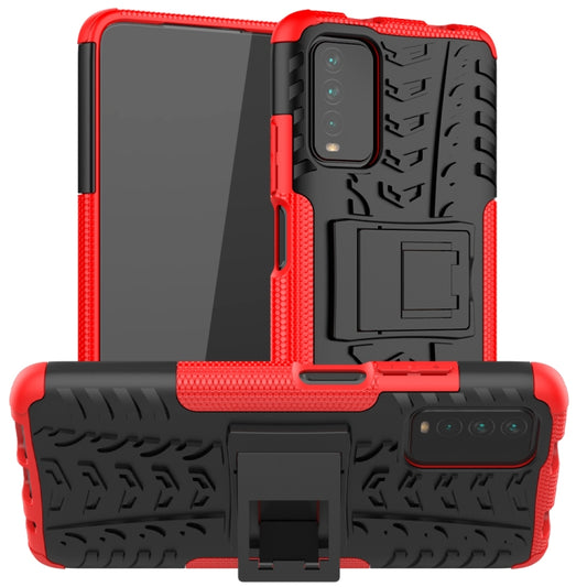 For Xiaomi Poco M3 /Redmi Note 9 4G Tire Texture Shockproof TPU+PC Protective Case with Holder(Red) - Xiaomi Cases by buy2fix | Online Shopping UK | buy2fix