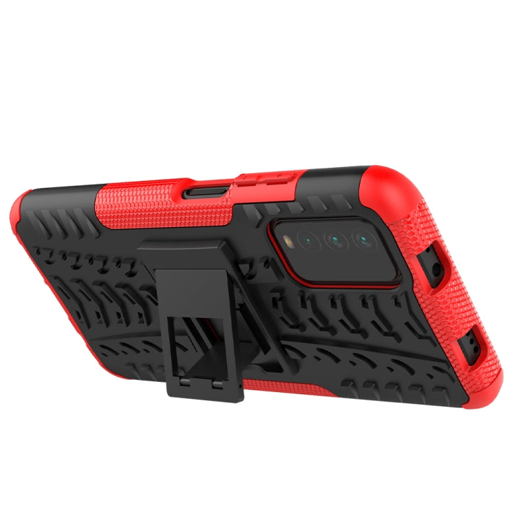 For Xiaomi Poco M3 /Redmi Note 9 4G Tire Texture Shockproof TPU+PC Protective Case with Holder(Red) - Xiaomi Cases by buy2fix | Online Shopping UK | buy2fix