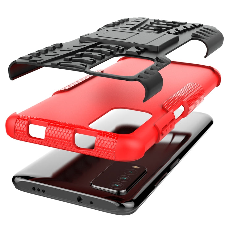 For Xiaomi Poco M3 /Redmi Note 9 4G Tire Texture Shockproof TPU+PC Protective Case with Holder(Red) - Xiaomi Cases by buy2fix | Online Shopping UK | buy2fix