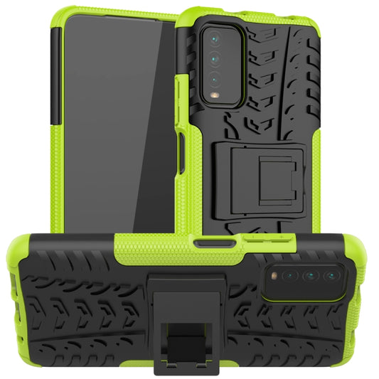 For Xiaomi Poco M3 /Redmi Note 9 4G Tire Texture Shockproof TPU+PC Protective Case with Holder(Green) - Xiaomi Cases by buy2fix | Online Shopping UK | buy2fix