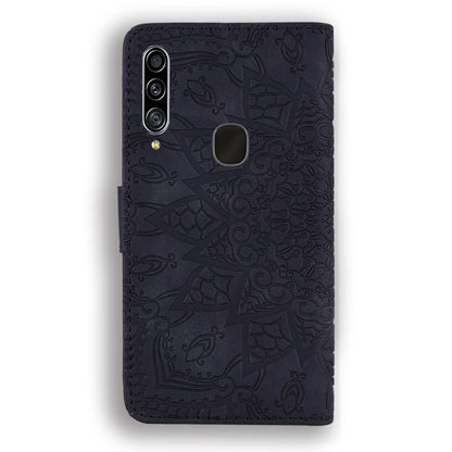 For Galaxy A20s Calf Pattern Mandala Double Folding Design Embossed Leather Case with Wallet & Holder & Card Slots(Black) by buy2fix