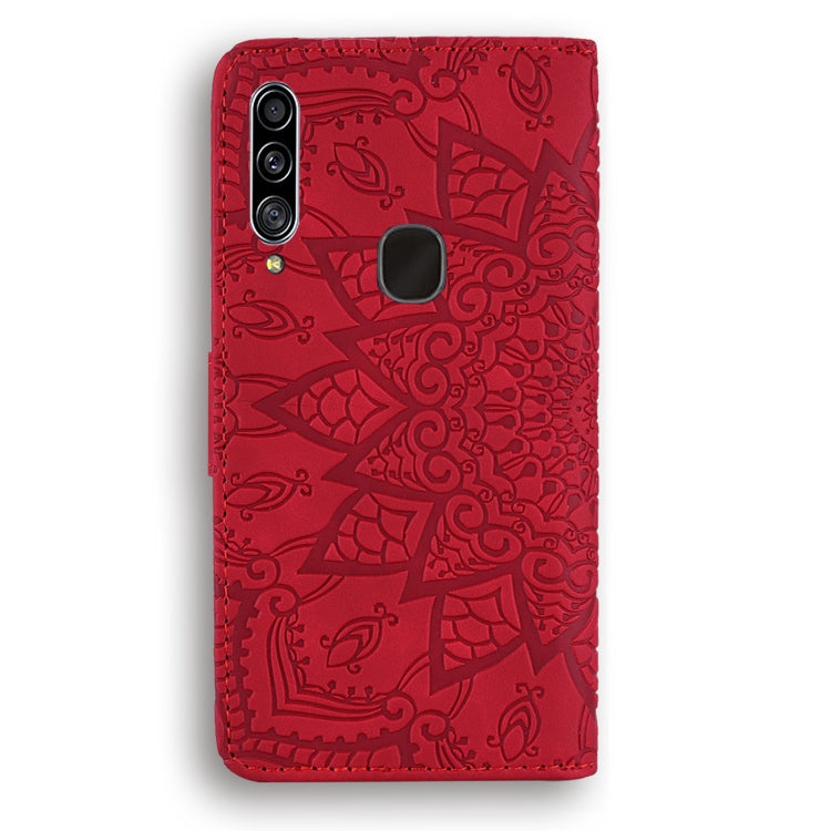 For Galaxy A20s Calf Pattern Mandala Double Folding Design Embossed Leather Case with Wallet & Holder & Card Slots(Red) by buy2fix