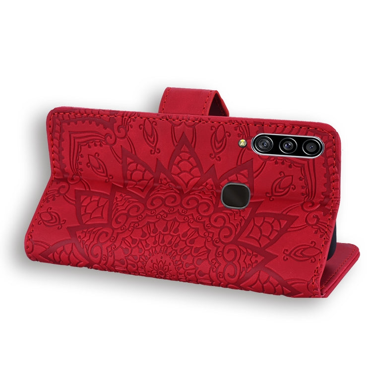 For Galaxy A20s Calf Pattern Mandala Double Folding Design Embossed Leather Case with Wallet & Holder & Card Slots(Red) by buy2fix