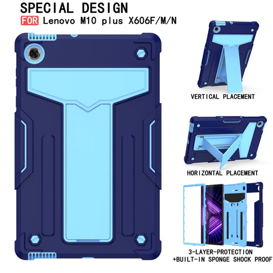 For Lenovo M10 Plus TB-X606F T-shaped Bracket Contrast Color Shockproof PC + Silicone Protective Case(Navy Blue + Blue) - Lenovo by buy2fix | Online Shopping UK | buy2fix