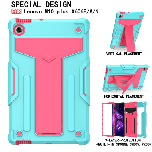For Lenovo M10 Plus TB-X606F T-shaped Bracket Contrast Color Shockproof PC + Silicone Protective Case(Mint Green + Rose Red) - Lenovo by buy2fix | Online Shopping UK | buy2fix
