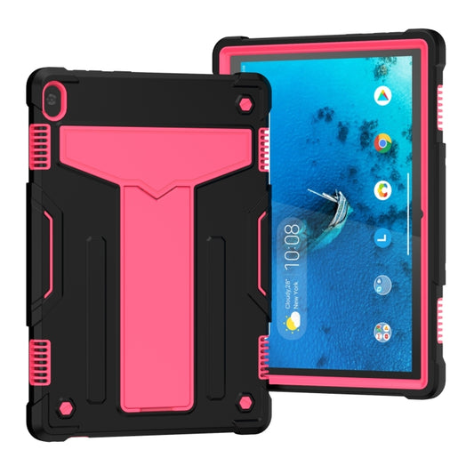 For Lenovo M10 FHD REL TB-X605F T-shaped Bracket Contrast Color Shockproof PC + Silicone Protective Case(Black + Rose Red) - Lenovo by buy2fix | Online Shopping UK | buy2fix