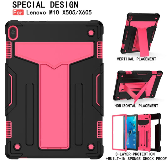 For Lenovo M10 FHD REL TB-X605F T-shaped Bracket Contrast Color Shockproof PC + Silicone Protective Case(Black + Rose Red) - Lenovo by buy2fix | Online Shopping UK | buy2fix