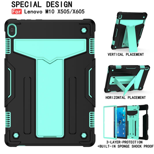 For Lenovo M10 FHD REL TB-X605F T-shaped Bracket Contrast Color Shockproof PC + Silicone Protective Case(Black + Mint Green) - Lenovo by buy2fix | Online Shopping UK | buy2fix