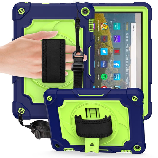 For Amazon Kindle Fire HD 8 2020 360 Degree Rotation Turntable Contrast Color Robot Shockproof Silicone + PC Protective Case with Holder(Navy Blue + Yellow Green) - Amazon by buy2fix | Online Shopping UK | buy2fix