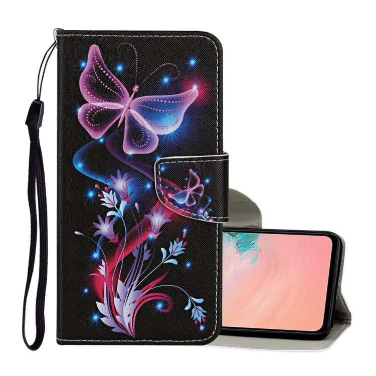 For Samsung Galaxy A12 Colored Drawing Pattern Horizontal Flip Leather Case with Holder & Card Slots & Wallet & Lanyard(Fluorescent Butterfly) by buy2fix